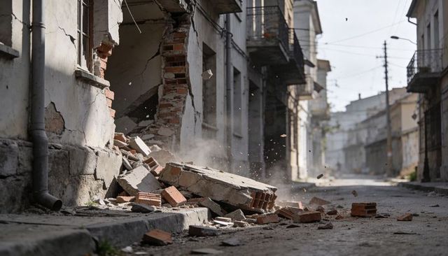 Collapsed building facade with fallen concrete slab and scattered bricks on urban street