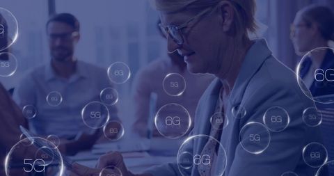 Businesswoman Engaging with 6G Technology in Modern Office