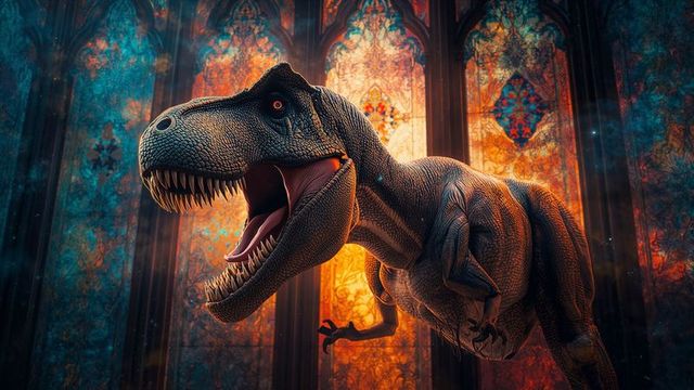 Epic Roaring T-Rex in Gothic Cathedral with Vivid Stained Glass