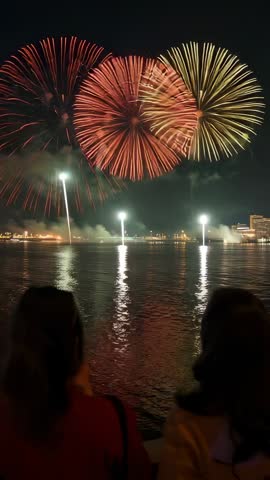 Vertical video showing friends watching and pointing at fireworks over harbor reflections