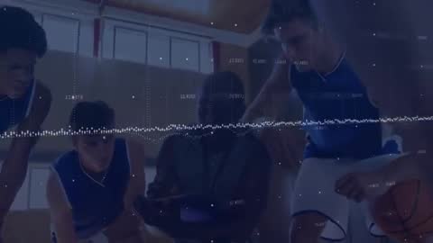 Coach and Team Analyzing Basketball Strategy with Data Overlay