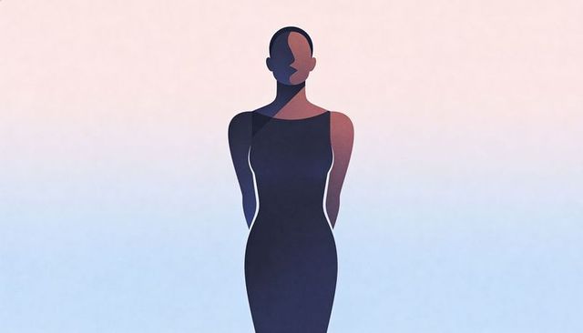 Posing feminine silhouette wearing sleeveless dress on soft pastel gradient background