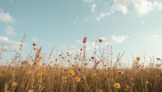 Swaying golden wildflowers and tall grasses in sunlit meadow under open blue sky