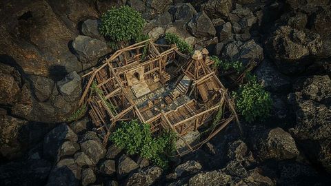 Unfinished bamboo structure on rocky terrain surrounded by shrubs