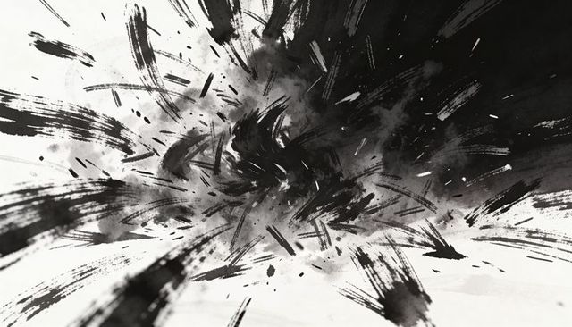 Explosive Monochrome Ink Splash Abstract Brushwork with Dynamic Radiating Strokes