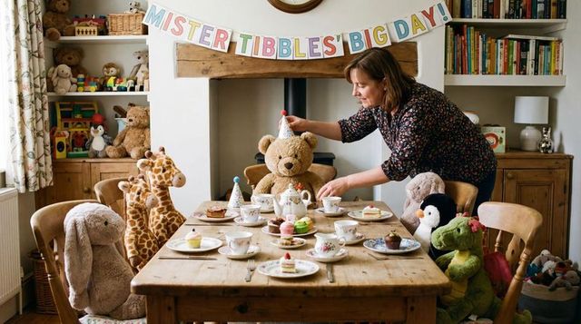 Woman arranging teddy bear party hat at plush toy tea party with cupcakes and teacups