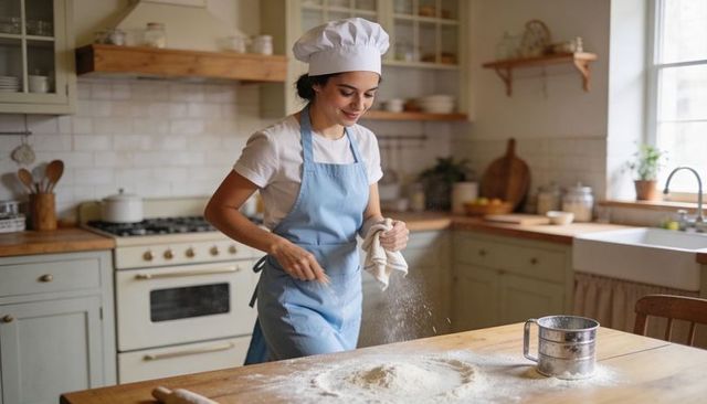 Baker dusting flour into dough well in farmhouse kitchen wearing chef hat with sifter