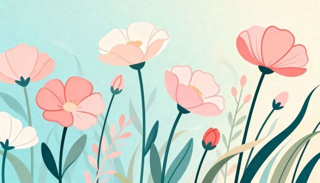 Pastel floral illustration featuring pink poppies, teal stems and sage leaves, minimal botanical des