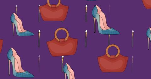 Vibrant shoe and bag pattern on purple background