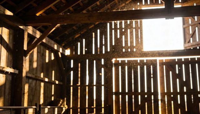 Golden sunlight streaming through rustic barn slats illuminating dusty rafters and hay