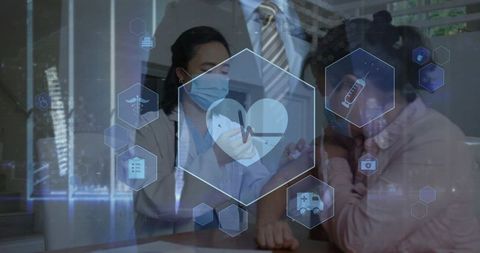 Clinician administering vaccine to patient wearing mask with holographic medical icons