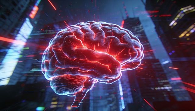 Pulsing holographic brain floating over neon metropolis emitting data streams