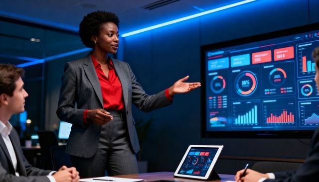 Businesswoman presenting interactive data dashboards in high-tech boardroom