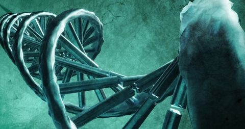 DNA Strand with Chemical Formula on Green Background