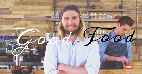 Smiling Barista in Rustic Cafe with Good Food Message - Download Free Stock Images Pikwizard.com