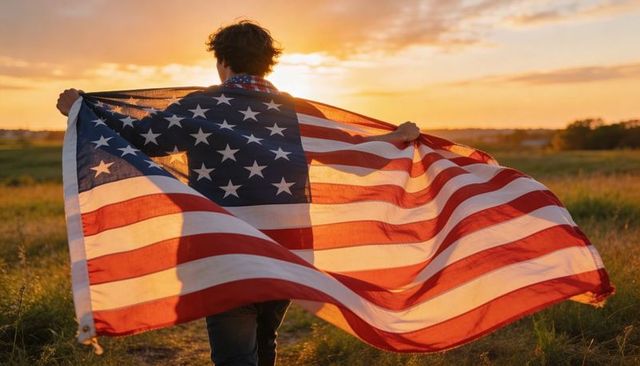Young man holding large american flag across shoulders in golden backlit sunset meadow