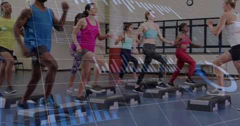 Group step aerobics class with dynamic fitness data overlay and motivated lead instructor