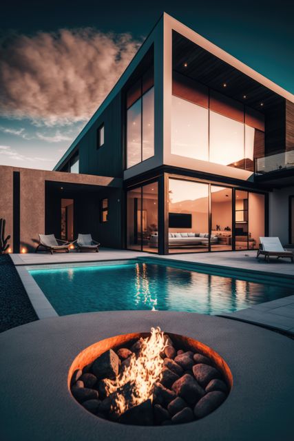 Modern mansion surrounded with swimming pool and fireplace, created using generative ai technology. Modern architecture, house and design concept digitally generated image.