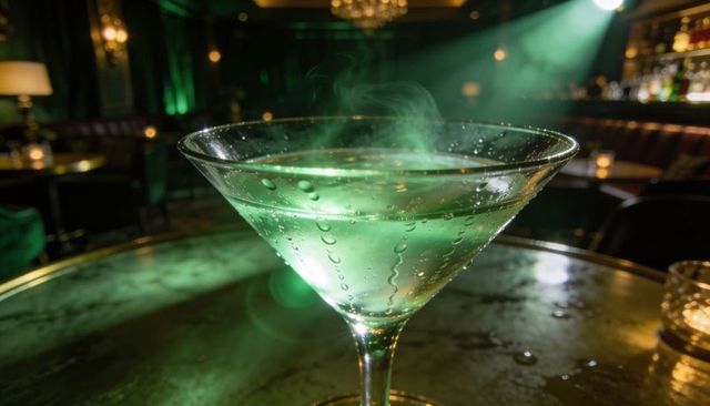 Glowing green martini in upscale lounge with rising vapor and moody ambient lighting
