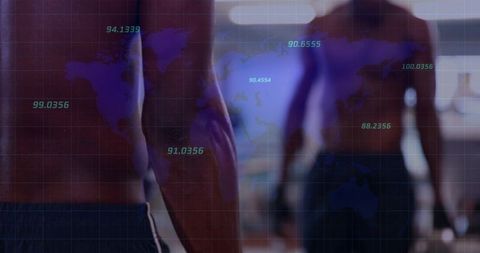 Muscular shirtless man in gym mirror with futuristic hud and world map overlay for fitness