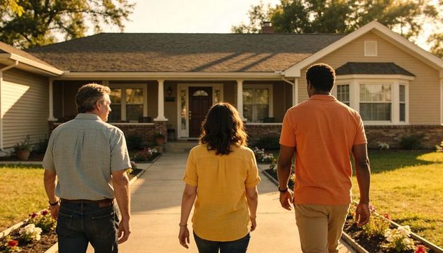 Three homebuyers walking toward suburban ranch house with front porch and flower beds