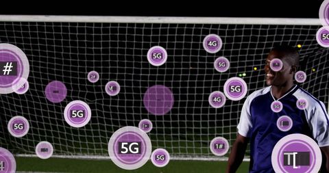 Excited Soccer Player Enthusiastically Engaging with 5G Technology
