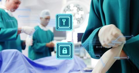 Surgeon donning gloves in operating room with digital lock and key icons for secure access