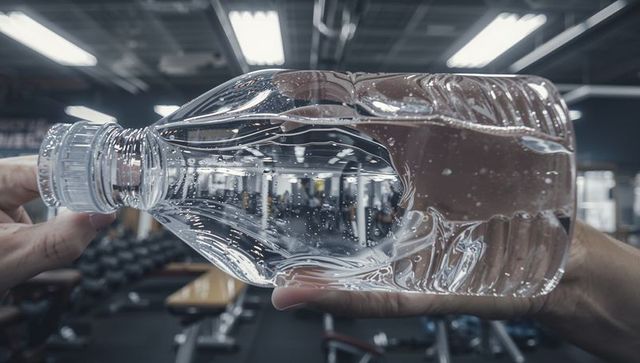 Water bottle refraction showing gym interior through clear plastic bottle macro