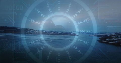 Displaying futuristic hud reticle overlaying arctic seascape with radial rings and arrows
