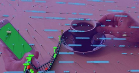Holding smartphone, lifting espresso cup with mobile trading data overlay and stock chart