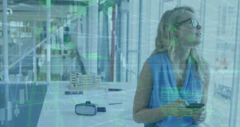 Digital Interface Graphics Overlaying Woman Using Cellphone