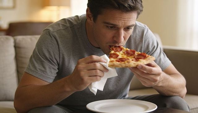 Man eating pepperoni pizza on couch relaxing in cozy living room evening comfort snack