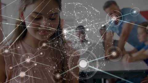 Diverse Students Engaging with Digital Global Network Overlay