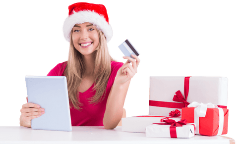 Festive Transparent Background Shopping with Tablet and Gifts