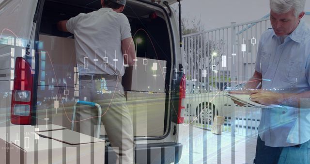 Full view of a male Caucasian worker loading packages in a van while being supervised by his male Caucasian boss. Digital image of graphs and statistics are running in the foreground