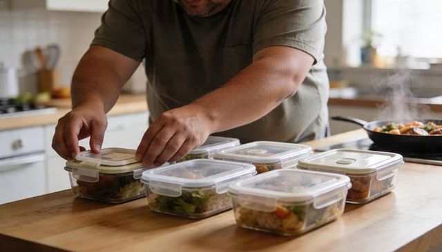Man preparing weekly meal prep containers on wooden kitchen island with healthy lunches
