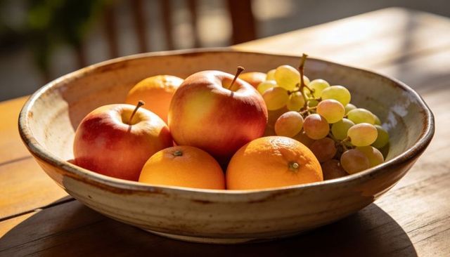 Sunlit ceramic bowl sitting on rustic wooden table, apples oranges and grapes closeup