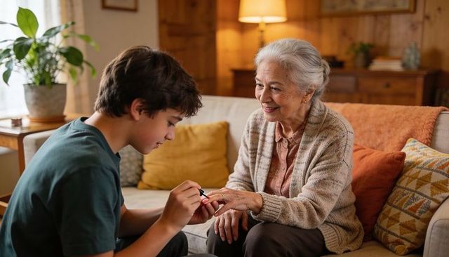 Teen grandson painting grandmother nails in cozy living room, intergenerational bonding