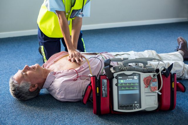 Paramedic performing cardiopulmonary resuscitation (CPR) on a patient using an external defibrillator. Ideal for illustrating emergency medical procedures, healthcare training materials, first aid manuals, and articles on cardiac arrest and emergency response.