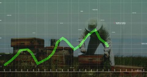 Beekeeper examining hives with graph overlay reflecting data analysis
