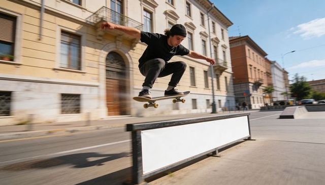 Teen skateboarder jumping over rail in urban plaza performing midair trick wearing beanie