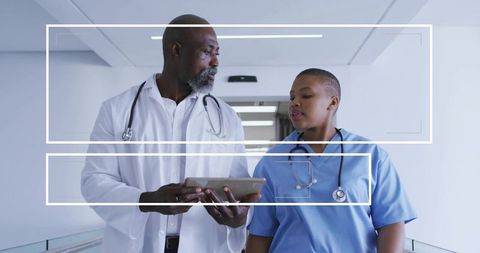 Walking and Reviewing Tablet: Doctor and Nurse Collaborating in Modern Hospital Hallway
