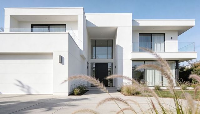 Minimalist white cubic two-story home with glass balconies and sleek driveway