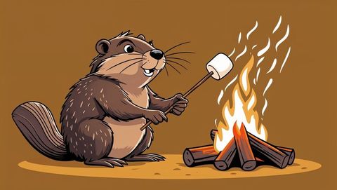 Cartoon beaver roasting marshmallow over campfire