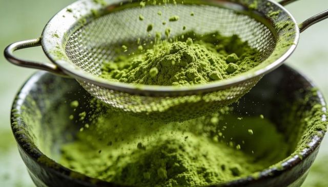 Sifting vibrant matcha powder through fine-mesh sieve over glazed ceramic bowl