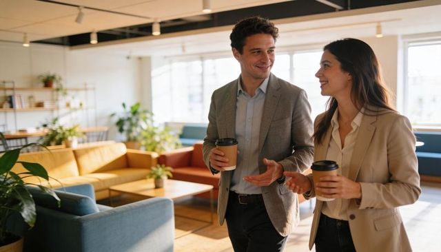 Young business professionals walking and chatting holding takeaway coffee in modern office lounge
