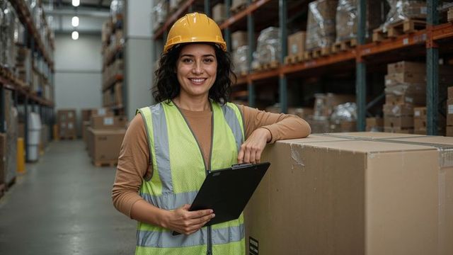 Warehouse Worker Holding Clipboard in Aisle with Products