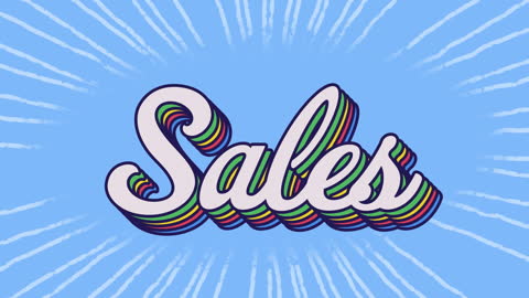 Retro-inspired graphic featuring the word 'Sales' with a vibrant rainbow shadow effect. The background showcases dynamic light trails on a calming blue backdrop. Ideal for use in marketing campaigns, retail promotions, and advertisements to highlight special offers and discounts. Perfect for businesses looking to attract attention and create an engaging visual appeal.