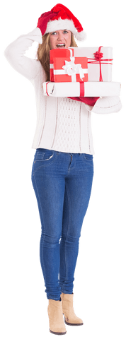 Festive Woman in Santa Hat Holding Holiday Gifts on Transparent Background