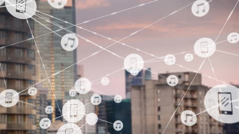Abstract Network of Digital Music Icons Over Urban Skyline